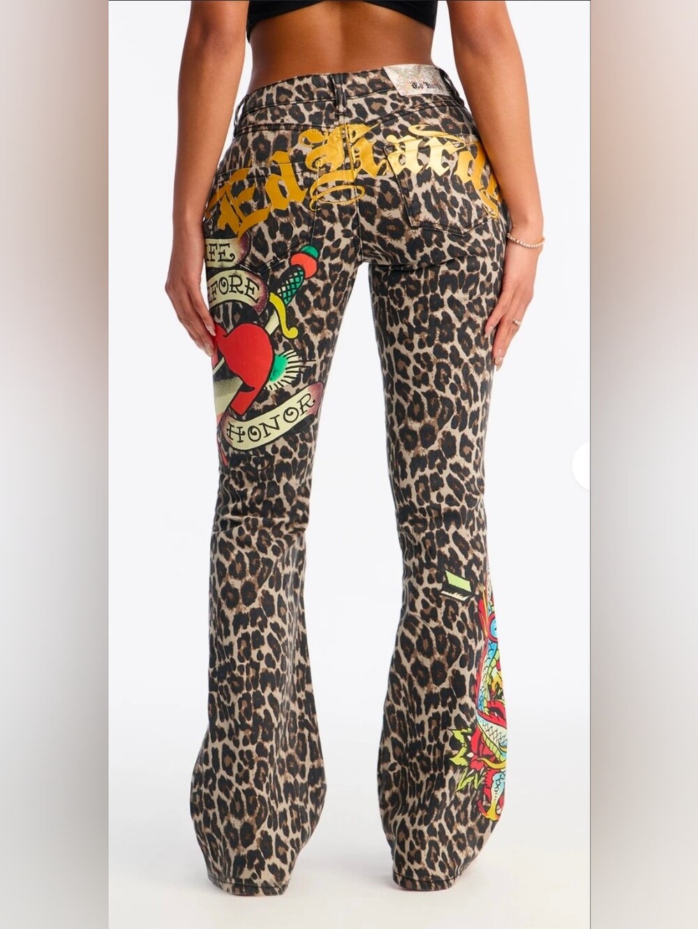 Ed Hardy Leopard Print With Dragon Heart Flare Pants
